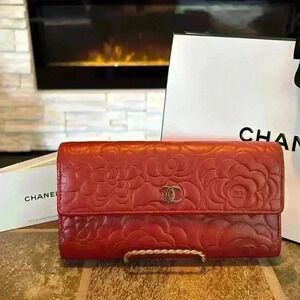 Chanel Camellia Coco Mark Lambskin Bifold Long Wallet